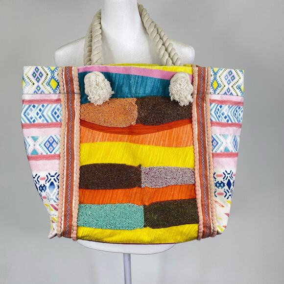 Colorful Beaded Beach Bag Geometric Ikat Print Large Size Bohemian Embroidered - Picture 1 of 9